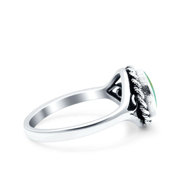 Filigree Petite Dainty Lab Opal Ring Solid Round Oxidized Simulated Turquoise 925 Sterling Silver